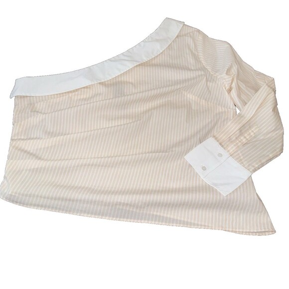 Express One Shoulder Stripe Poplin Shirt Peach White Pleated Long Sleeve NWT XL - Picture 2 of 12